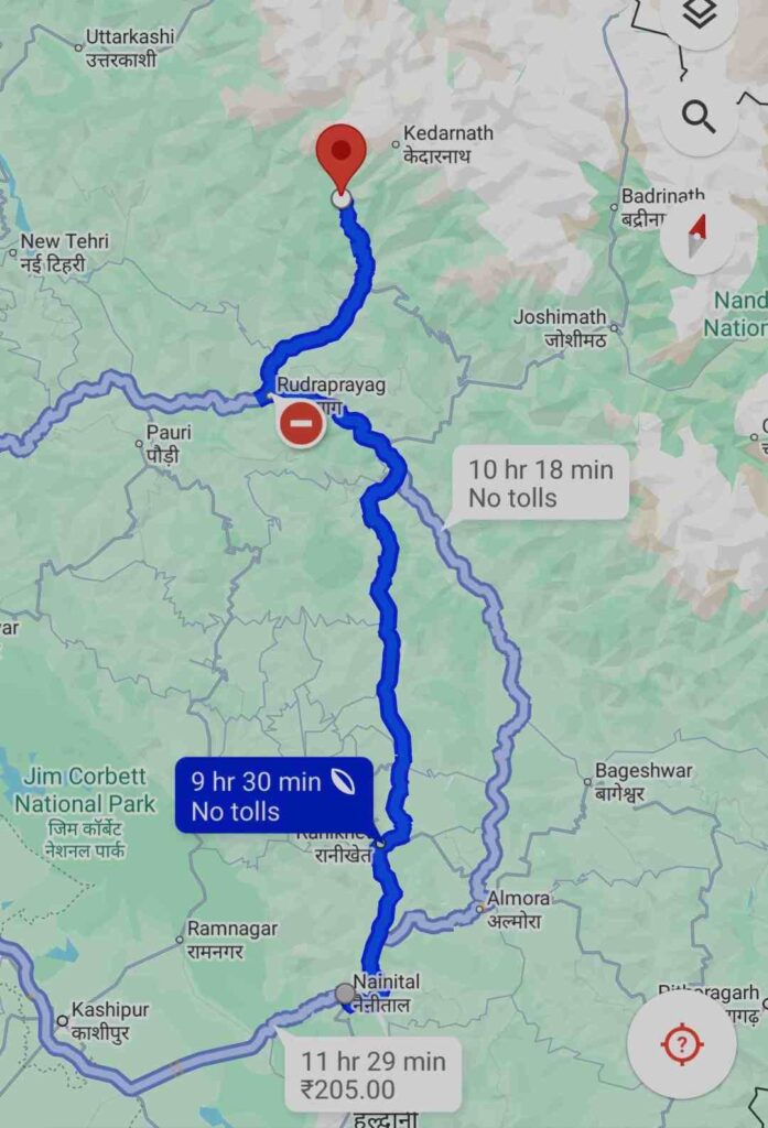 Nainital to Kedarnath distance
Nainital to Kedarnath route map 