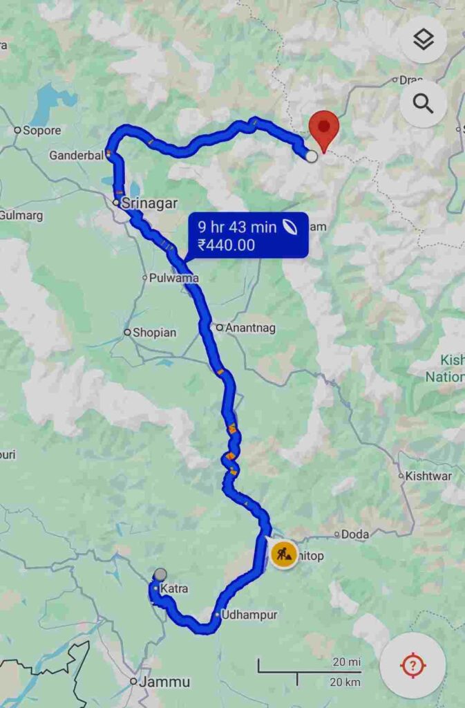 Vaishno devi to Amarnath distance
Vaishno devi to Amarnath route map 